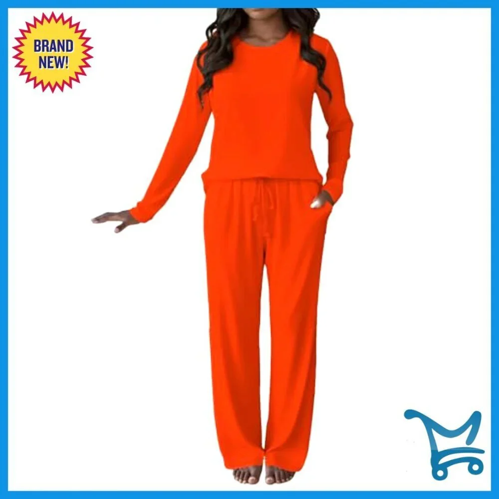 Two Piece Lounge Set Long Sleeve Top Wide Leg Pants Comfy Sweatsuit With Pockets